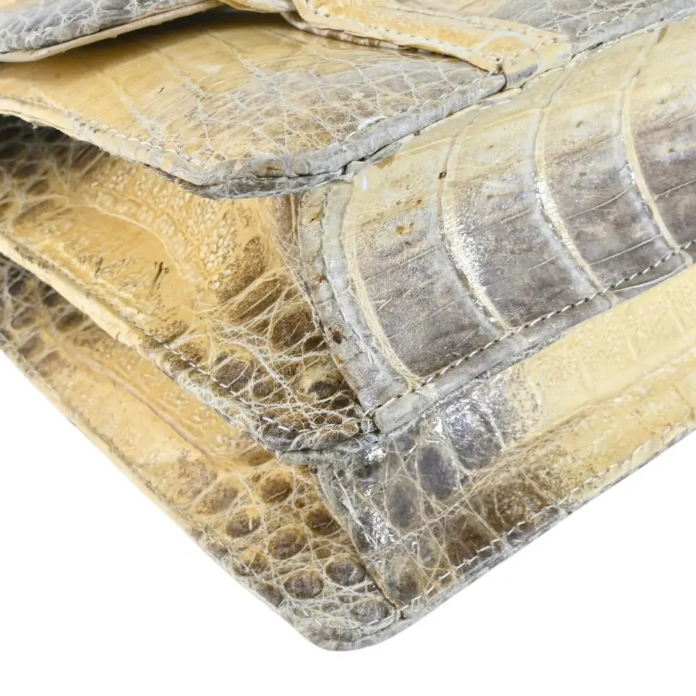 Beige Croc Leather Top Handle Bag